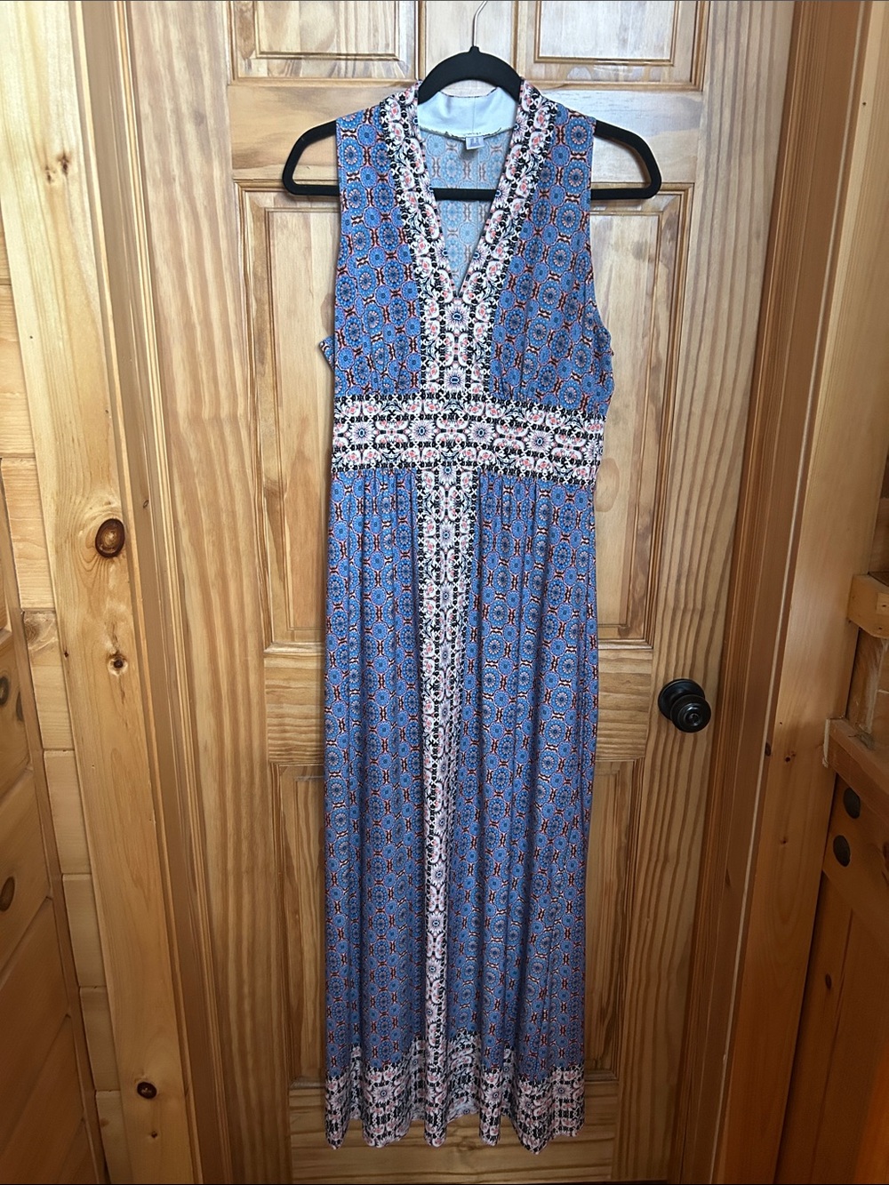 Boho V-Neck Blue Printed Maxi Dress with Contrast Trim